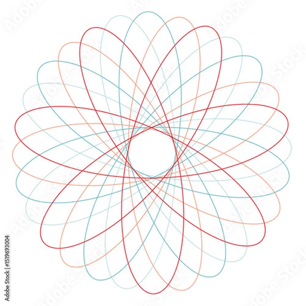 Fototapeta Colorful geometric line art vector with editable strokes. Abstract blue and red-pink spirograph pattern creating a delicate, symmetrical floral-like design.