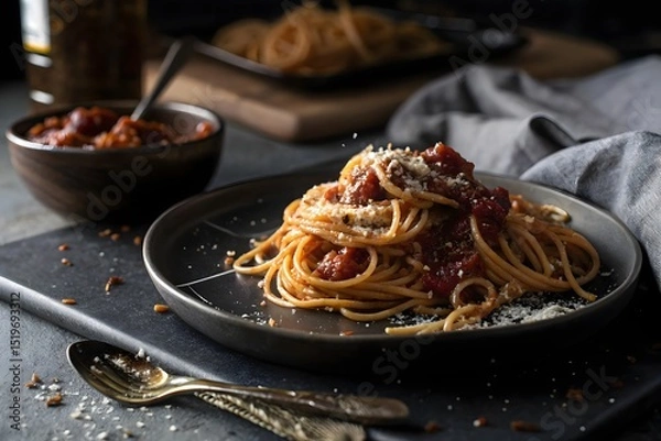 Fototapeta Delicious Plate of Spaghetti with Tomato Sauce and Parmesan Cheese on a Dark Background