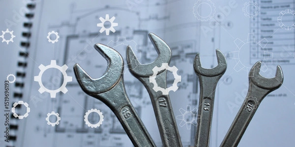 Obraz Bunch Of Wrenches above Blurred Paper Draw and White Silhouettes of Cogs and Gears on a Foreground
