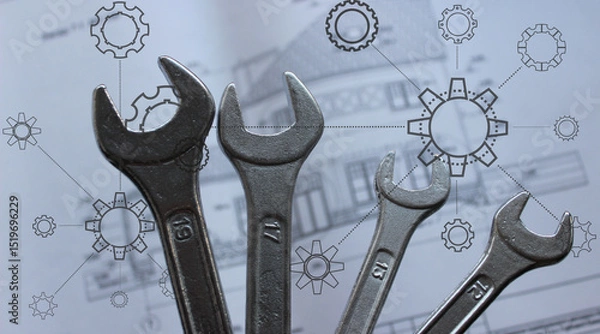 Obraz Black Contours of Variety Design Cogwheels over Mechanical Wrenches on Background of Defocused Construction Blueprint 
