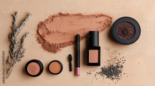 Fototapeta Makeup flat lay on sand background — tinted moisturizer, lip oil, bronzer stick, and colorful eyeliners. Summer beauty essentials
