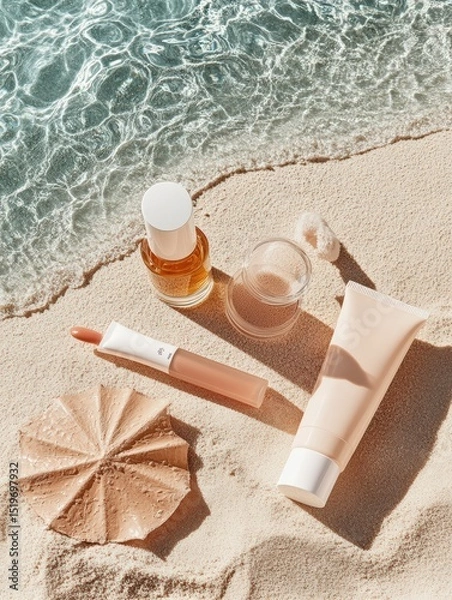 Fototapeta Makeup flat lay on sand background — tinted moisturizer, lip oil, bronzer stick, and colorful eyeliners. Summer beauty essentials