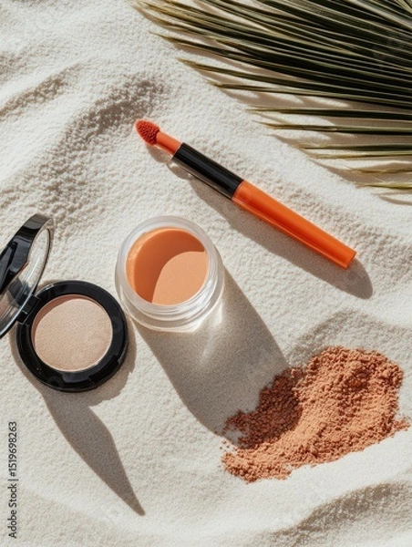Fototapeta Makeup flat lay on sand background — tinted moisturizer, lip oil, bronzer stick, and colorful eyeliners. Summer beauty essentials