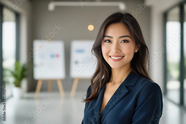Fototapeta A smiling Asian woman in a dark blazer looks directly at the camera in a modern office setting.