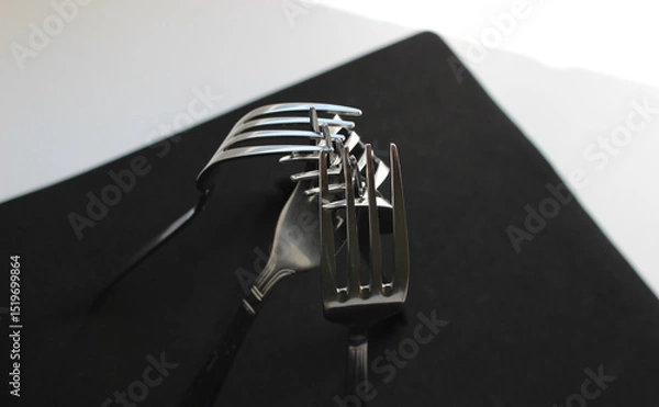 Obraz Identical forks from the same kitchen set are arranged in the shape of a tent on black napkin 

