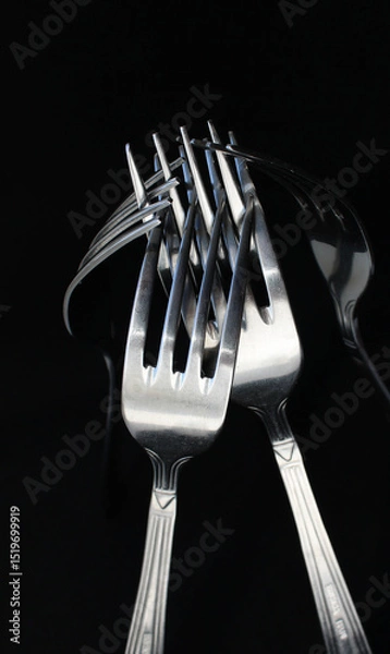 Obraz Silvery identical forks linked together isolated on black backdrop 
