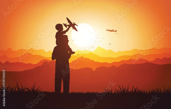 Fototapeta Father and son silhouette with toy airplane at sunset