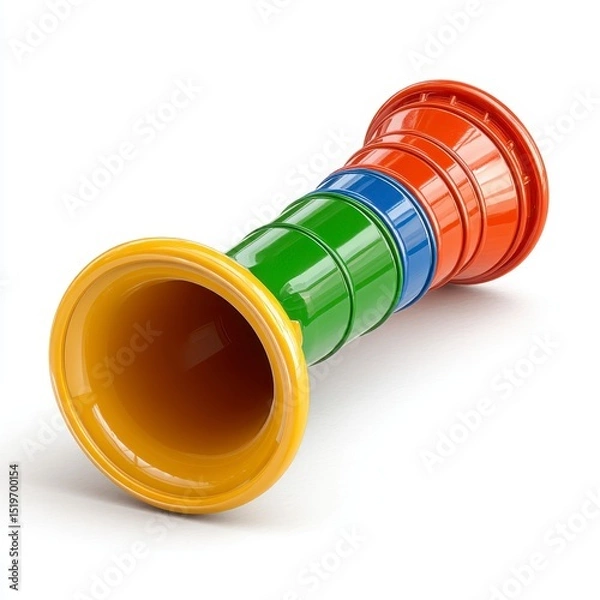 Fototapeta Vibrant Stacking Toy Featuring Yellow Green Blue and Red Sections on White Surface