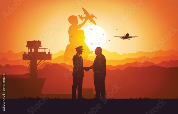 Fototapeta  Aviation dream concept – Boy becomes pilot, handshake with father