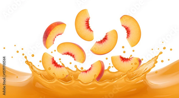 Fototapeta peach slices falling down with orange juice PNG. Fresh and organic peach juice with peach fruit flying isolated. Vegan vegetarian peaches flying png. peach fruit isolated