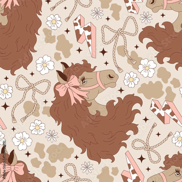 Fototapeta Wild West Cowgirl Rodeo girly Coquette horse with a bow and lasso rope on a cow spots printed background Seamless Pattern. Feminine Western Style Boho Floral Vector Print for textiles, wallpapers
