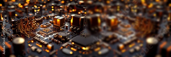 Fototapeta Macro close-up of an orange microcircuit on a circuit board. Perfect for an electronics technology banner with ample copy space