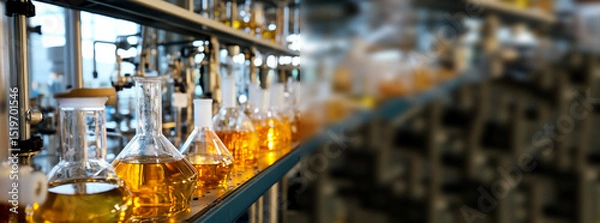 Obraz Chemistry laboratory scene. Various flasks and glassware used in the distillation and production of liquid for medicine or alcohol. Ideal for a science banner with copy space