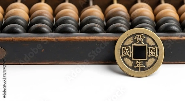 Obraz Antique Abacus and Chinese Coin Still Life on White Background