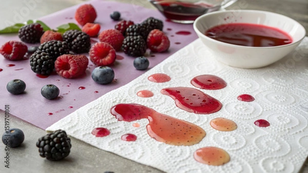 Fototapeta Mixed Berries With Colorful Juice Stains On White Paper