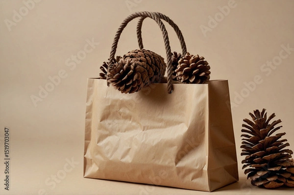 Fototapeta Brown Paper Shopping Bag with Pine Cone on Beige Background, Eco-Friendly Natural Style