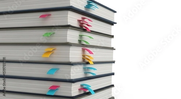 Obraz Stack of Books with Colorful Bookmarks on White Background Learning Concept