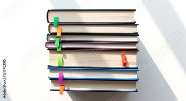 Obraz Stack of Books with Colorful Bookmarks on White Background for Study