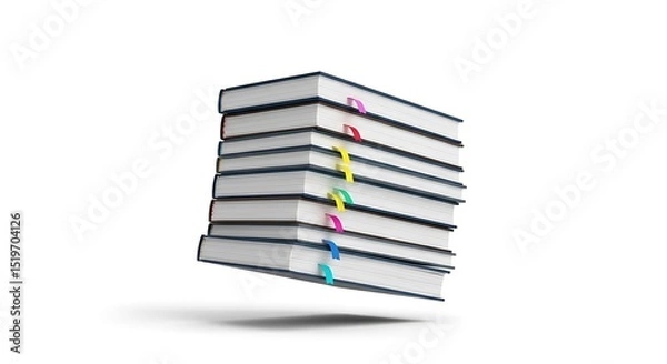 Obraz Stack of Books with Colorful Bookmarks on a Clean White Background