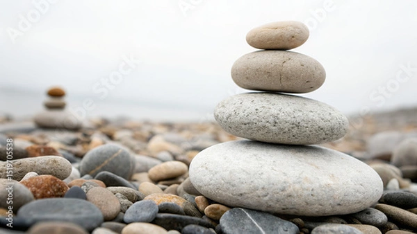 Fototapeta Stone Cairn Balance On Pebble Beach With Shallow Focus