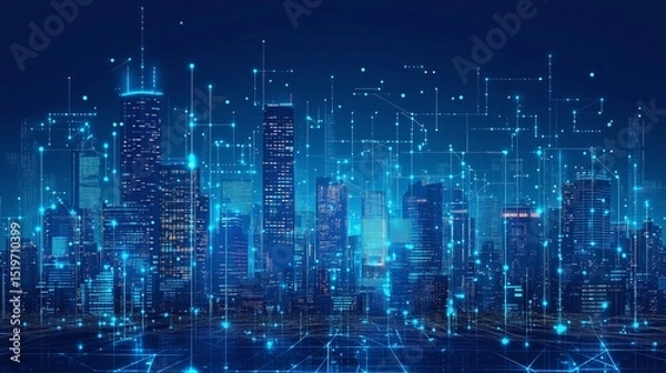 Fototapeta technology digital city data connection network, connectivity wires skyline, blue neon light, chain net internet circuit