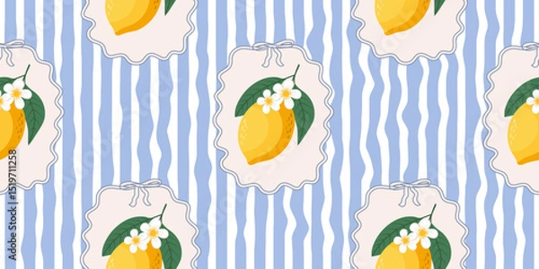 Fototapeta Seamless lemons pattern on blue and white wavy stripes. Summer repeating fruit pattern. Mediterranean coastal design background.