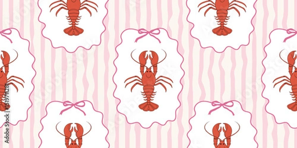 Fototapeta Seamless lobster pattern on pink and white wavy stripes. Summer repeating seafood pattern. Mediterranean coastal design background.