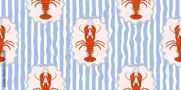 Fototapeta Seamless lobster pattern on blue and white wavy stripes. Summer repeating seafood pattern. Mediterranean coastal design background.