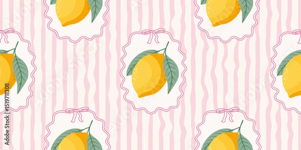 Fototapeta Seamless lemons pattern on pink and white wavy stripes. Summer repeating fruit pattern. Mediterranean coastal design background.