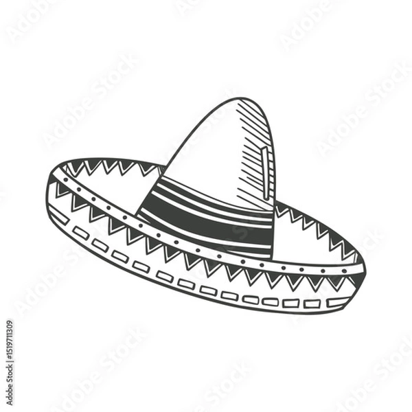 Fototapeta Hand drawn monochrome mexican sombrero hat with ethnic patterns. National symbol of Mexico. Sketch illustration.