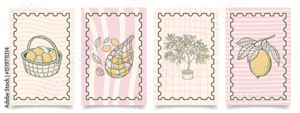 Fototapeta Collection of hand drawn lemon themed botanical illustrations for cards and posters. Mediterranean set. Sketch illustration.