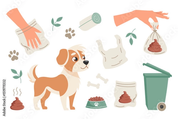 Fototapeta Clean up after your dog concept set. Pet care, environmental awareness and waste disposal. Illustration for social signs, pet products.