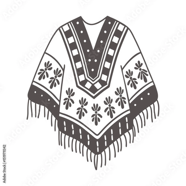 Fototapeta Hand drawn monochrome poncho with fringe and ethnic patterns. National symbol of Mexico. Illustration sketch.