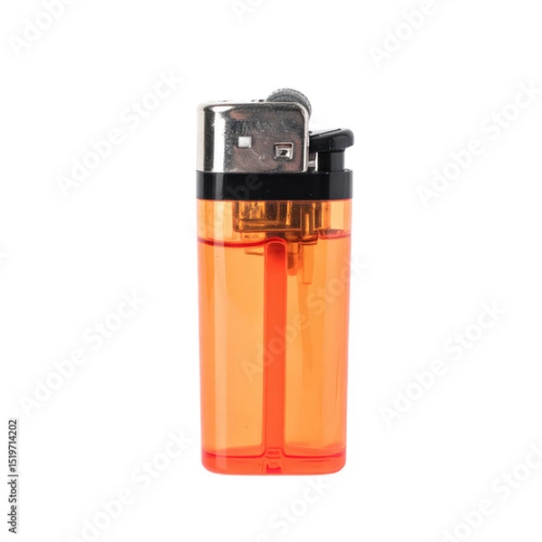 Fototapeta Transparent orange plastic cigarette lighter with metal top and black ignition button isolated on white background with detailed close-up view
