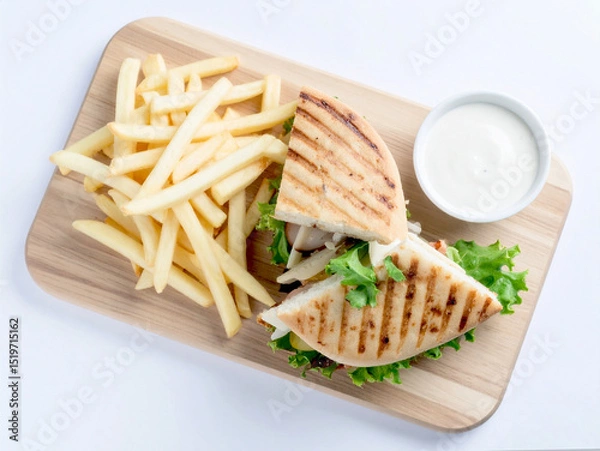 Obraz A delicious panini sandwich accompanied by crispy French fries and  dip on a rustic wooden cutting board.