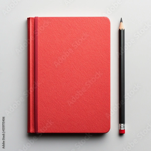 Fototapeta A red notebook with a pencil on a white background.