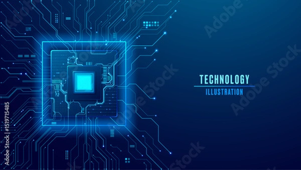 Fototapeta Abstract digital technology semiconductor with light blue electronics components. Futuristic circuit board background. AI chip concept. Tech background with empty text right side. Vector illustration
