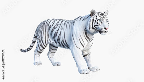 Fototapeta Majestic white tiger in full body display isolated on white background with ample copy space for text and design