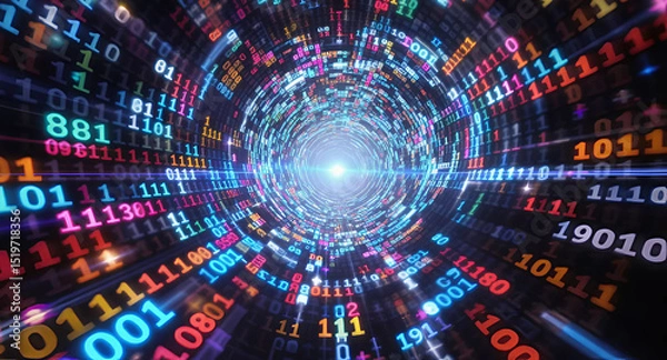Fototapeta A computer screen displaying a colorful tunnel of flying binary code, featuring lens flares and a blurred background effect, Generative AI.