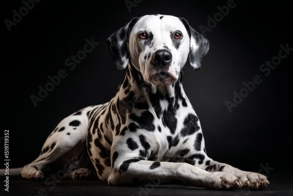 Fototapeta Dalmatian dog lying down and looking forward in a professional photo studio with dark background lighting