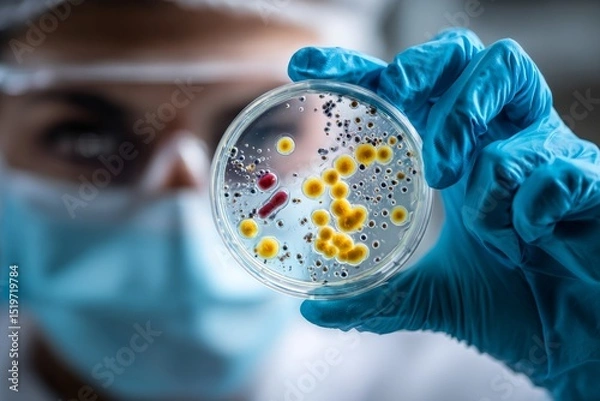 Fototapeta Scientist in protective gear closely examining bacterial and viral cultures in a petri dish held with blue gloves