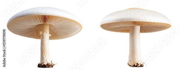 Fototapeta Single White Agaric Mushroom with Tall Stem and Veil, Artistic Low Angle Transparent Background PNG