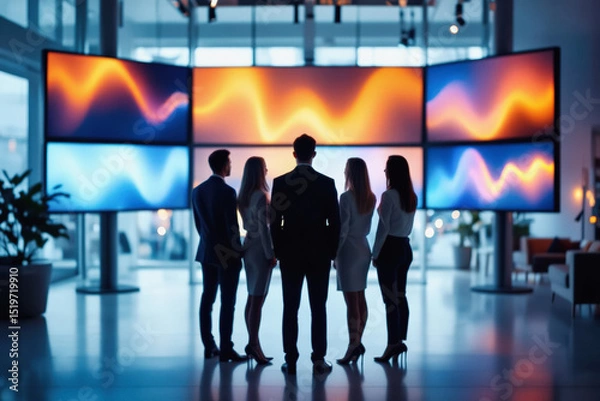 Fototapeta A group of five professionals, four women and one man, stand silhouetted from behind, gazing at a large curved video wall displaying abstract colorful graphics in a modern lobby.