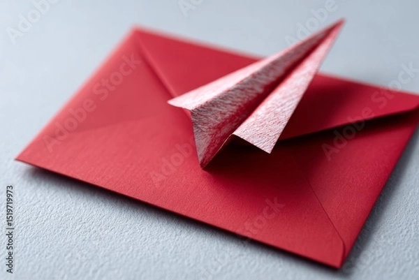 Fototapeta Paper plane resting on red envelope symbolizing email or message communication concept