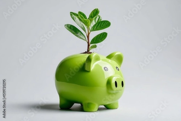 Fototapeta Green piggy bank with a small seedling growing from the top symbolizing eco investment and sustainable savings