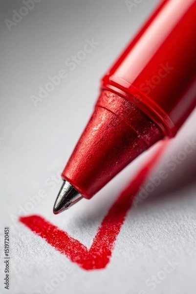 Fototapeta Close up of red pen drawing a check mark on white paper with sharp detail and vibrant color