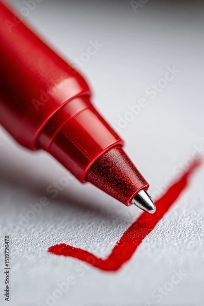 Fototapeta Close up of red pen drawing a bold check mark on white textured paper