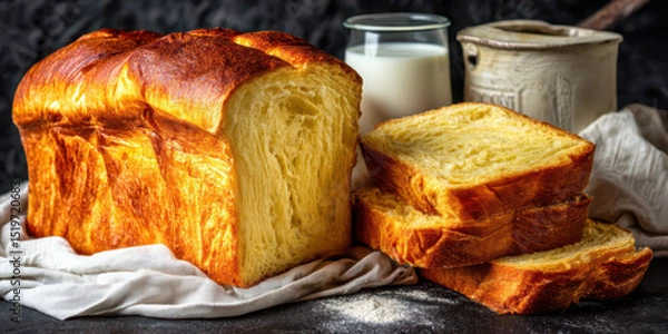 Fototapeta A freshly baked white milk loaf on a rustic white towel, surrounded by a milk can and a poured glass of milk and sprinkled with flour