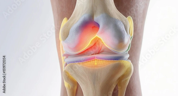 Fototapeta Knee joint highlighted with yellow and red areas, illustrating key anatomical features and potential injury zones, Generative AI.
