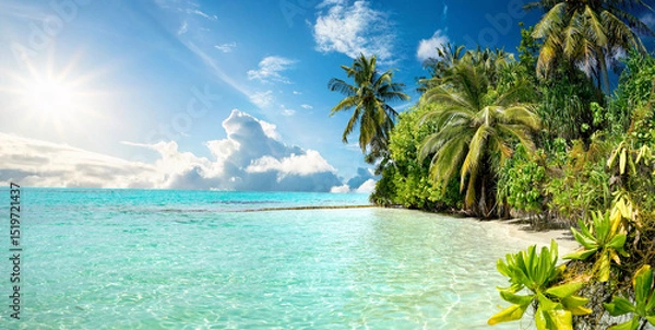 Obraz Beautiful tropical beach with palm trees, turquoise ocean against blue sky with clouds on a sunny summer day. Perfect landscape background for a relaxing vacation.